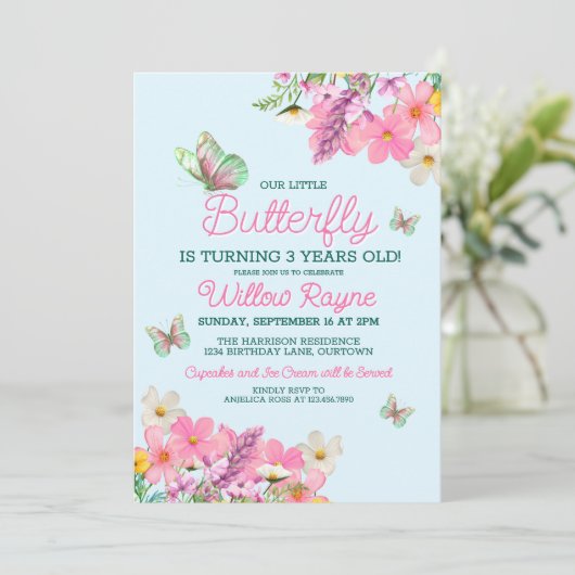 Sweet Pink Butterfly Theme Verjaardagsfeestje voor Kaart (Staand voorkant)