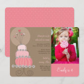 Sweet Pink Cake Girl Birthday Party Photo Invite Kaart (Voorkant / Achterkant)