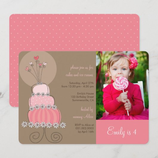 Sweet Pink Cake Girl Birthday Party Photo Invite Kaart (Voorkant / Achterkant)