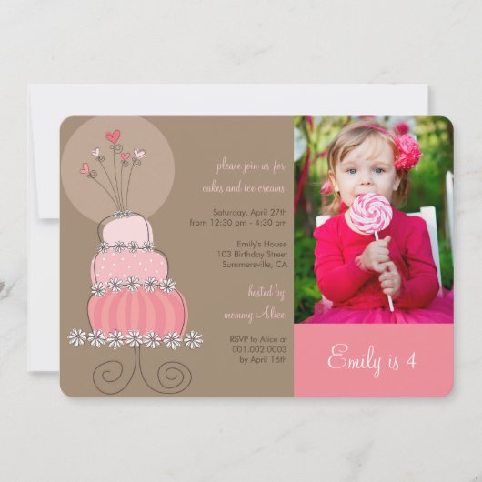 Sweet Pink Cake Girl Birthday Party Photo Invite Kaart (Voorkant)