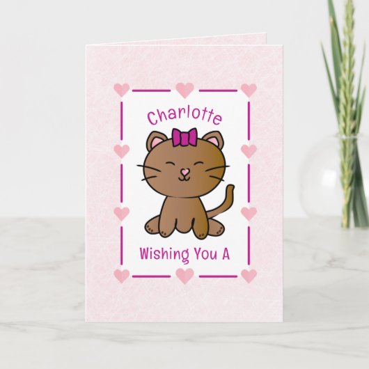 Sweet Pink Cat Cartoon Schattig Kitten Verjaardag Kaart (Voorkant)