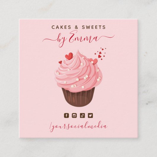 Sweet Pink Cupcake Modern Baker Social Media Treat Vierkante Visitekaartje (Voorkant)