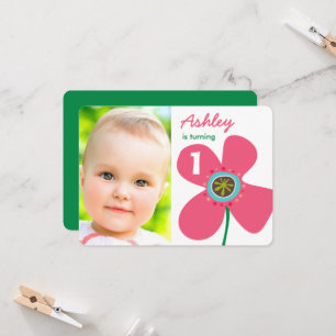 Sweet Pink Daisy Pop Foto Girl 1st Birthday Kaart