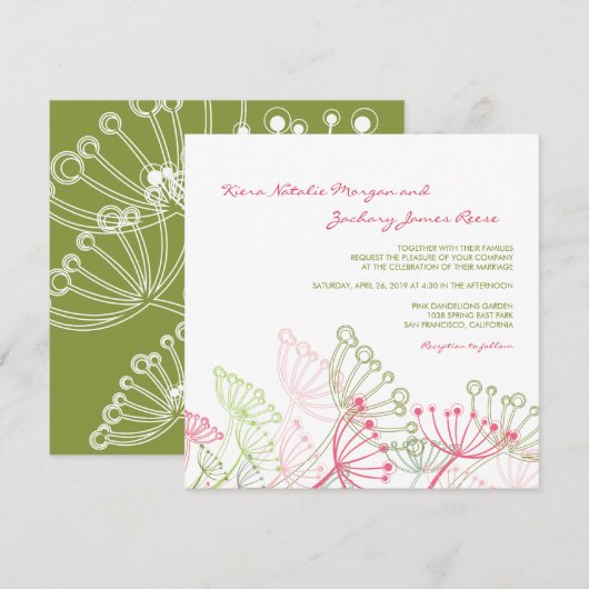 Sweet Pink Dandelions Flower Spring Wedding Invite Kaart (Voorkant / Achterkant)
