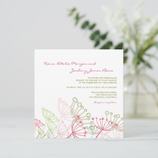 Sweet Pink Dandelions Flower Spring Wedding Invite Kaart (Staand voorkant)