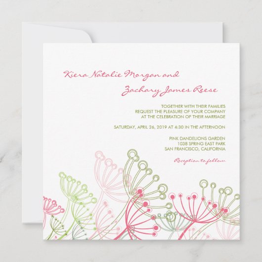 Sweet Pink Dandelions Flower Spring Wedding Invite Kaart (Voorkant)