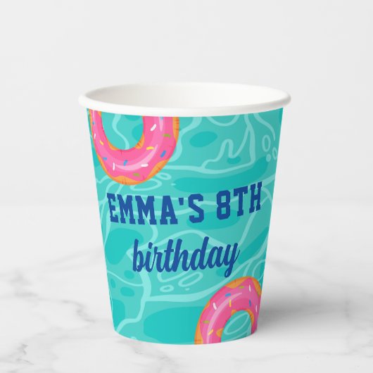 Sweet Pink Donut Blue Water Pool Party Verjaardag Papieren Bekers (Voorkant)