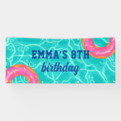 Sweet Pink Donut Blue Water Pool Party Verjaardag Spandoek (Horizontaal)