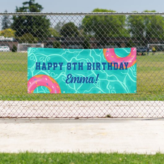 Sweet Pink Donut Blue Water Pool Party Verjaardag Spandoek (Insitu)