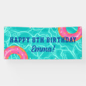 Sweet Pink Donut Blue Water Pool Party Verjaardag Spandoek (Horizontaal)