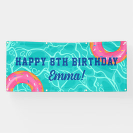 Sweet Pink Donut Blue Water Pool Party Verjaardag Spandoek