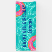 Sweet Pink Donut Blue Water Pool Party Verjaardag Spandoek (Verticaal)
