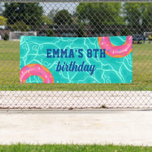 Sweet Pink Donut Blue Water Pool Party Verjaardag Spandoek