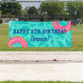 Sweet Pink Donut Blue Water Pool Party Verjaardag Spandoek