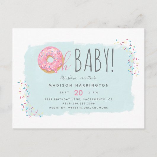 Sweet Pink Donut Sprinkle Modern Oh Baby shower Uitnodiging Briefkaart (Voorkant)