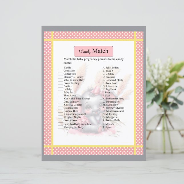 Sweet Pink Elephant - Baby shower Snoep Match Game (Staand voorkant)