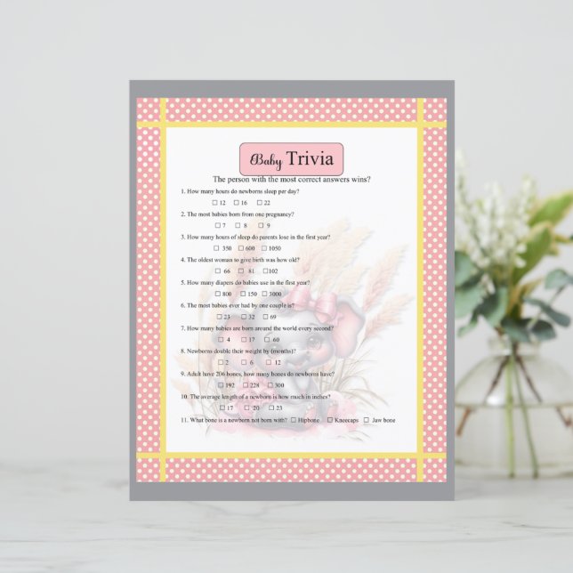 Sweet Pink Elephant Baby shower Trivia Game (Staand voorkant)