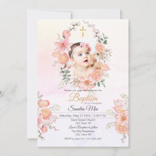 Sweet Pink Floral Baptism uitnodiging (Voorkant)