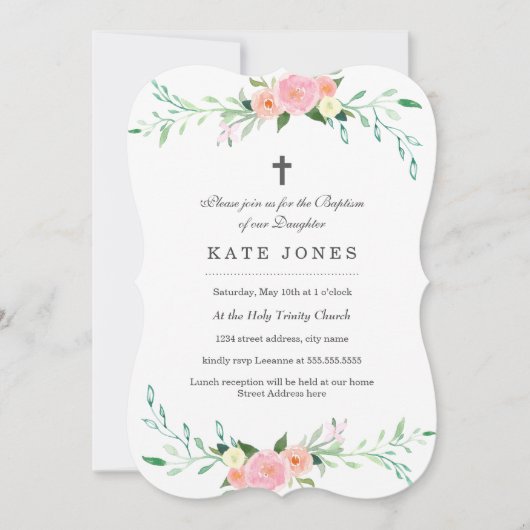Sweet Pink Floral Baptism uitnodiging (Voorkant)