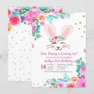 Sweet Pink Floral Bunny 1st Birthday Kaart