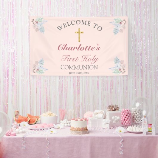 Sweet Pink Floral First Heilige Communauteit Welko Spandoek (Feest)