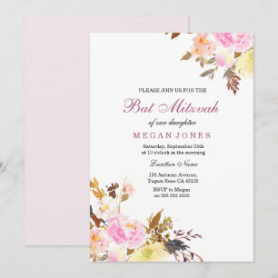 Sweet Pink Floral Girl Bat Mitzvah Uitnodiging