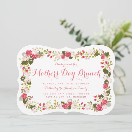 Sweet Pink Floral Moederdag Brunch Uitnodiging (Staand voorkant)