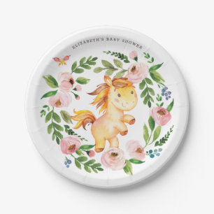 Sweet Pink Floral Pony Horse Baby shower Birthday Papieren Bordje
