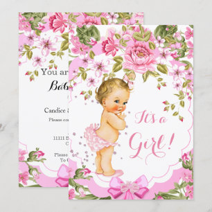 Sweet Pink Floral Roos Baby shower Girl Blonde Kaart