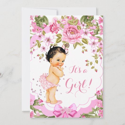 Sweet Pink Floral Roos Baby shower Girl Brunette Kaart (Voorkant)