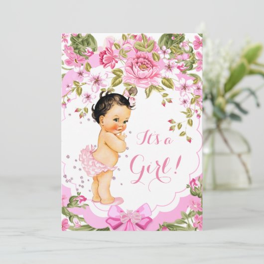 Sweet Pink Floral Roos Baby shower Girl Brunette Kaart (Staand voorkant)