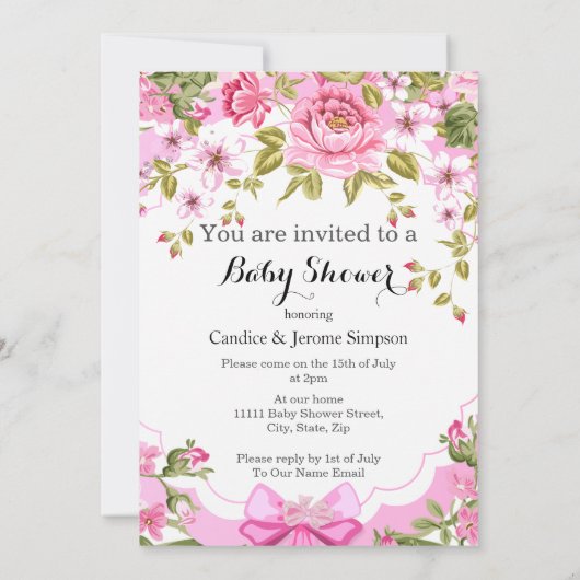 Sweet Pink Floral Roos Baby shower Girl Brunette Kaart (Achterkant)