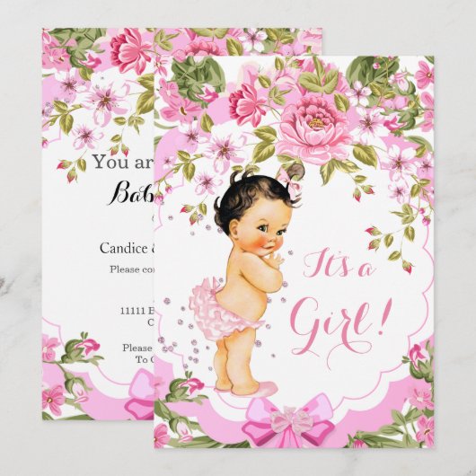 Sweet Pink Floral Roos Baby shower Girl Brunette Kaart (Voorkant / Achterkant)