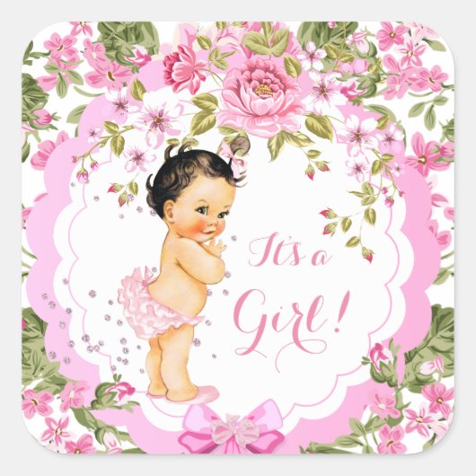 Sweet Pink Floral Roos Baby shower Girl Brunette Vierkante Sticker (Voorkant)