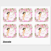 Sweet Pink Floral Roos Baby shower Girl Brunette Vierkante Sticker (Vel)