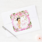 Sweet Pink Floral Roos Baby shower Girl Brunette Vierkante Sticker (Envelop)