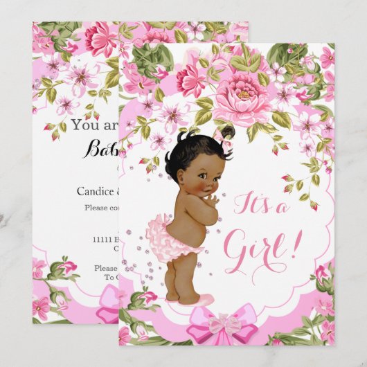 Sweet Pink Floral Roos Baby shower Meisje Etnische Kaart (Voorkant / Achterkant)