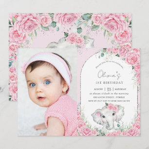 Sweet Pink Floral Rozen Elephant Birthday Foto Kaart