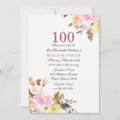 Sweet Pink Floral Script 100th Birthday Invitation Kaart (Voorkant)