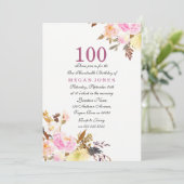 Sweet Pink Floral Script 100th Birthday Invitation Kaart (Staand voorkant)