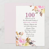 Sweet Pink Floral Script 100th Birthday Invitation Kaart (Voorkant / Achterkant)