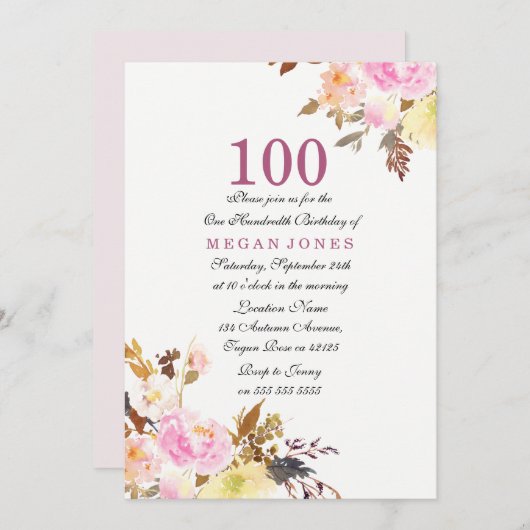 Sweet Pink Floral Script 100th Birthday Invitation Kaart (Voorkant / Achterkant)