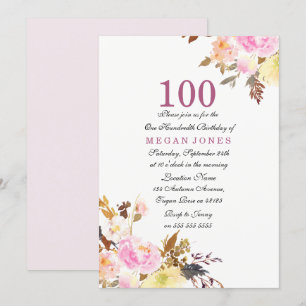 Sweet Pink Floral Script 100th Birthday Invitation Kaart