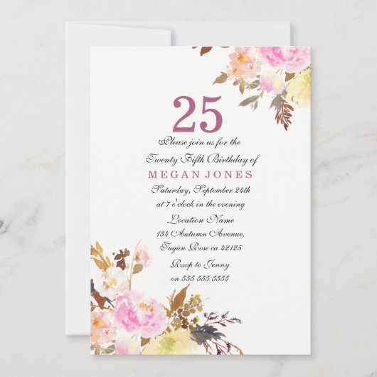 Sweet Pink Floral Script 25th Birthday Uitnodiging (Voorkant)