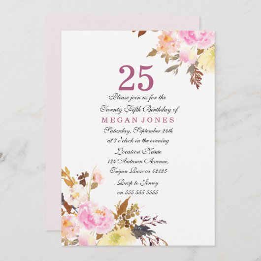 Sweet Pink Floral Script 25th Birthday Uitnodiging (Voorkant / Achterkant)
