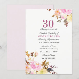 Sweet Pink Floral Script 30th Birthday Invitation Kaart