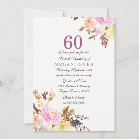 Sweet Pink Floral Script 60th Birthday Uitnodiging (Voorkant)