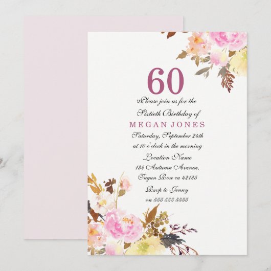 Sweet Pink Floral Script 60th Birthday Uitnodiging (Voorkant / Achterkant)