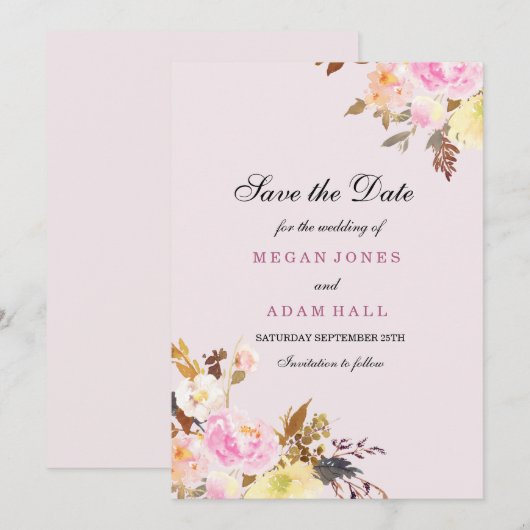 Sweet Pink Floral Sparen de Datum Uitnodiging (Voorkant / Achterkant)
