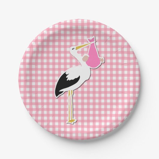 Sweet Pink Gingham and Stork Baby shower Bord (Voorkant)